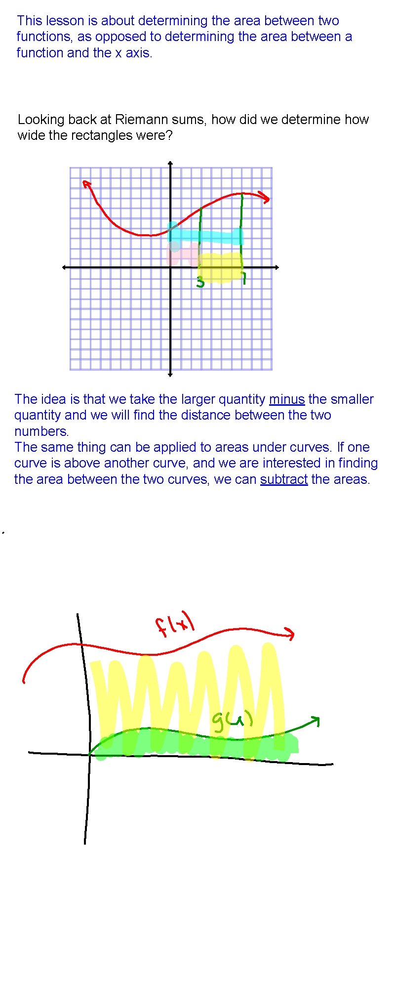 This lesson is about determining the area between two functions, as opposed to determining