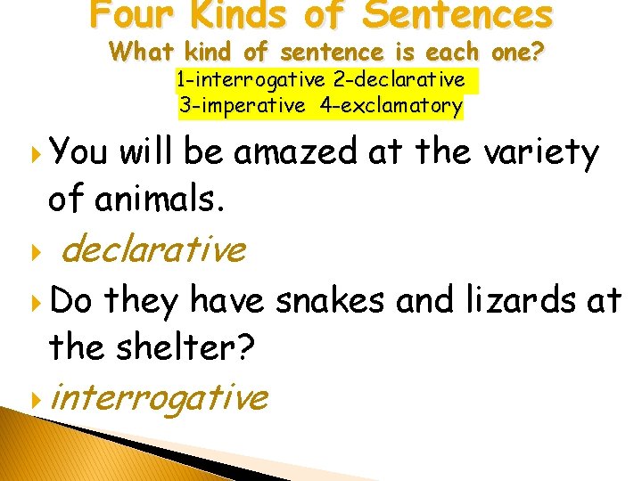 Four Kinds of Sentences What kind of sentence is each one? 1 -interrogative 2 Four Kinds of Sentences What kind of sentence is each one? 1 -interrogative 2