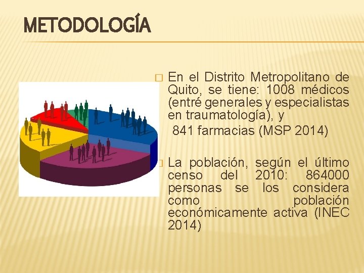 METODOLOGÍA � En el Distrito Metropolitano de Quito, se tiene: 1008 médicos (entré generales