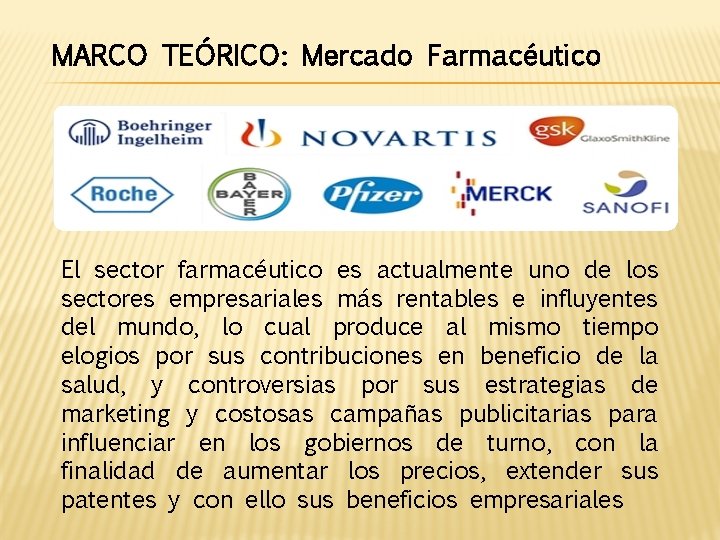 MARCO TEÓRICO: Mercado Farmacéutico El sector farmacéutico es actualmente uno de los sectores empresariales