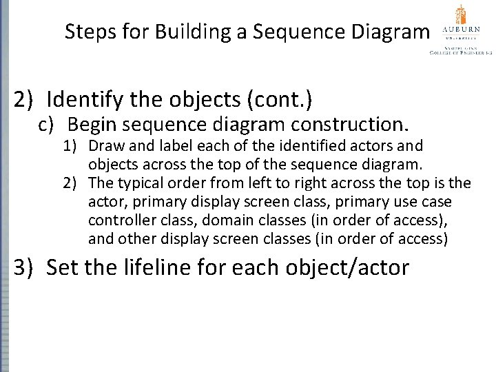 Steps for Building a Sequence Diagram 2) Identify the objects (cont. ) c) Begin