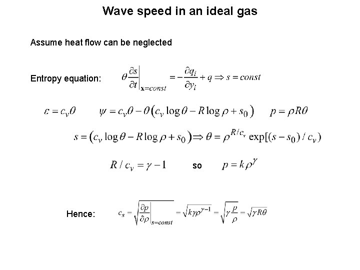 Wave speed in an ideal gas Assume heat flow can be neglected Entropy equation: