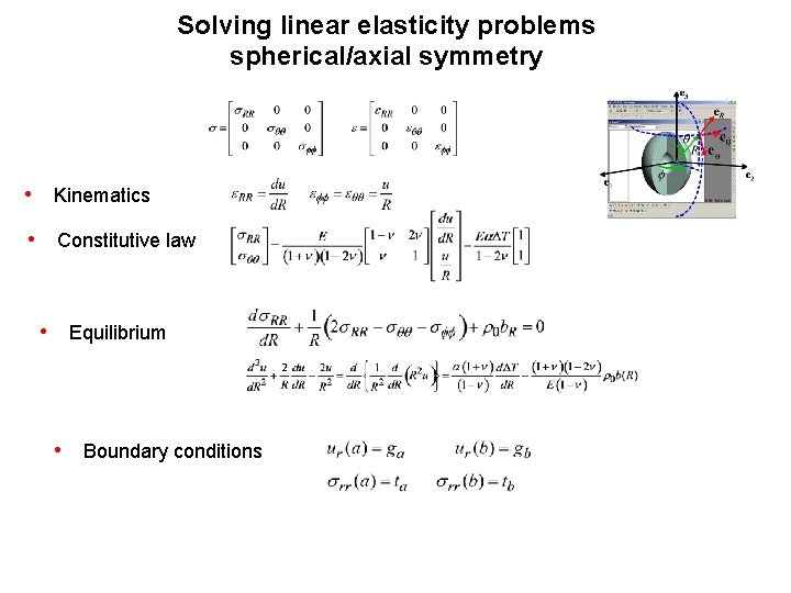 Solving linear elasticity problems spherical/axial symmetry • Kinematics • Constitutive law • Equilibrium •
