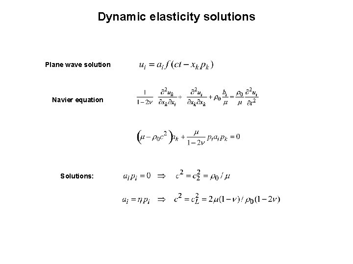 Dynamic elasticity solutions Plane wave solution Navier equation Solutions: 