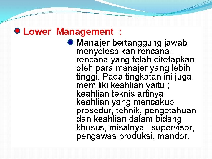  Lower Management : Manajer bertanggung jawab menyelesaikan rencana yang telah ditetapkan oleh para