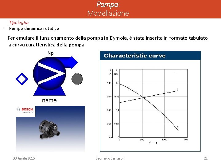 Pompa: Pompa Modellazione Tipologia: • Pompa dinamica rotativa Per emulare il funzionamento della pompa Pompa: Pompa Modellazione Tipologia: • Pompa dinamica rotativa Per emulare il funzionamento della pompa
