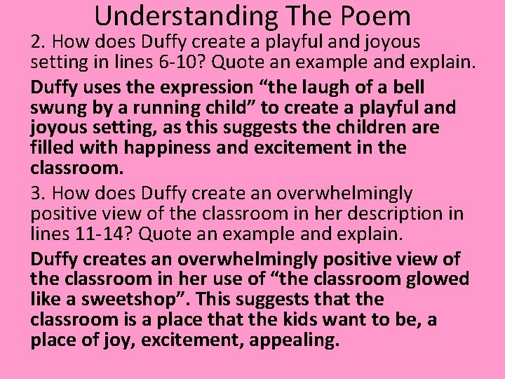 Understanding The Poem 2. How does Duffy create a playful and joyous setting in Understanding The Poem 2. How does Duffy create a playful and joyous setting in