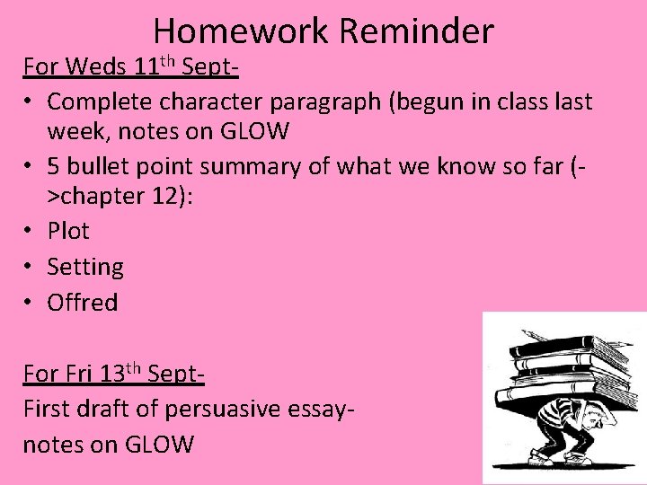 Homework Reminder For Weds 11 th Sept • Complete character paragraph (begun in class Homework Reminder For Weds 11 th Sept • Complete character paragraph (begun in class