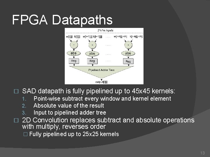 FPGA Datapaths � SAD datapath is fully pipelined up to 45 x 45 kernels: