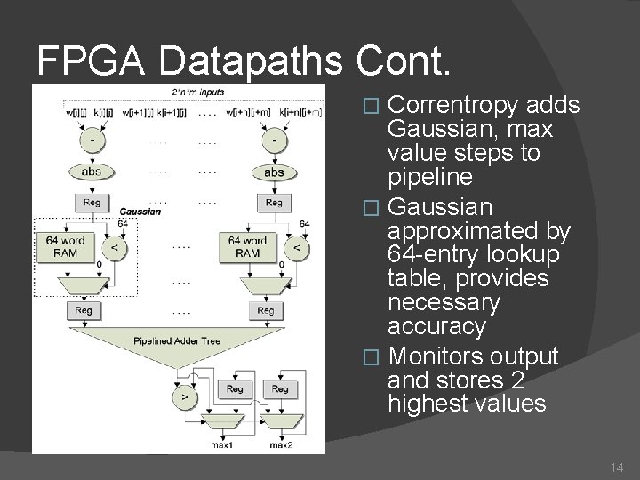 FPGA Datapaths Cont. Correntropy adds Gaussian, max value steps to pipeline � Gaussian approximated