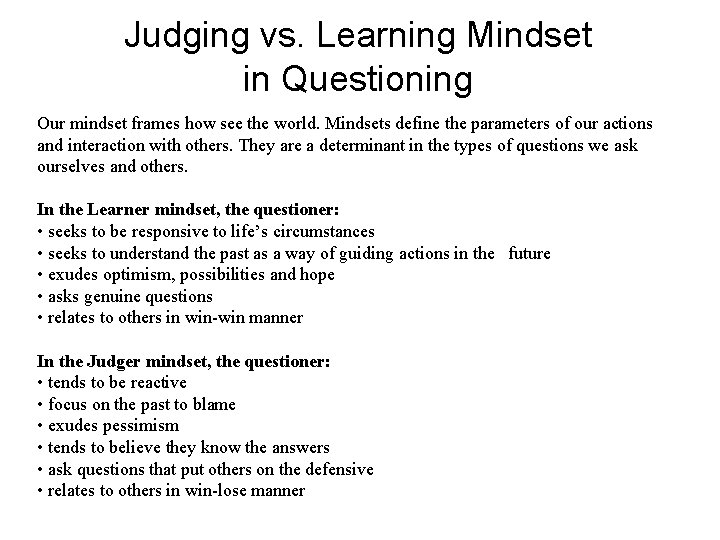 Judging vs. Learning Mindset in Questioning Our mindset frames how see the world. Mindsets Judging vs. Learning Mindset in Questioning Our mindset frames how see the world. Mindsets
