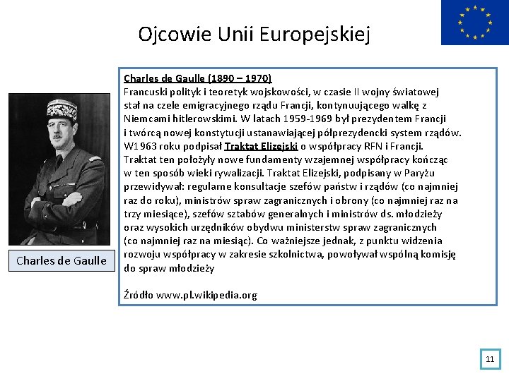 Ojcowie Unii Europejskiej Charles de Gaulle (1890 – 1970) Francuski polityk i teoretyk wojskowości,