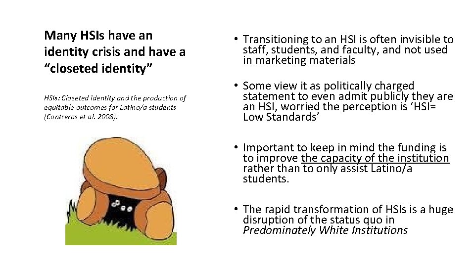 Many HSIs have an identity crisis and have a “closeted identity” HSIs: Closeted identity