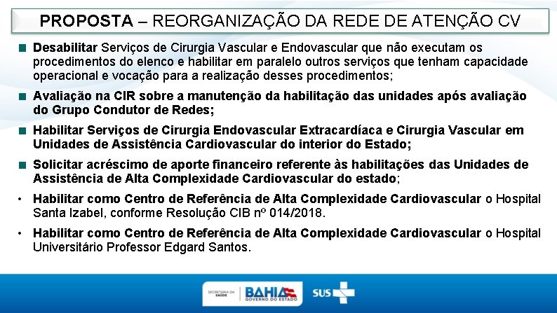 PROPOSTA – REORGANIZAÇÃO DA REDE DE ATENÇÃO CV Desabilitar Serviços de Cirurgia Vascular e