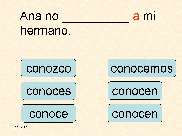 Ana no _____ a mi hermano. conozco conocemos conocen 11/26/2020 