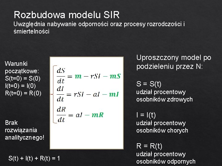 Rozbudowa modelu SIR Uwzględnia nabywanie odporności oraz procesy rozrodczości i śmiertelności Warunki początkowe: S(t=0)