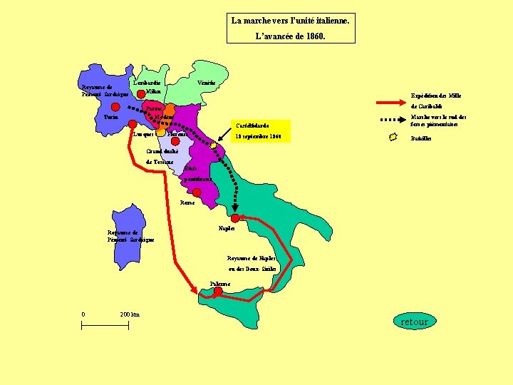 La marche vers l’unité italienne. L’avancée de 1860. Royaume de Pémont- Sardaigne Lombardie Milan