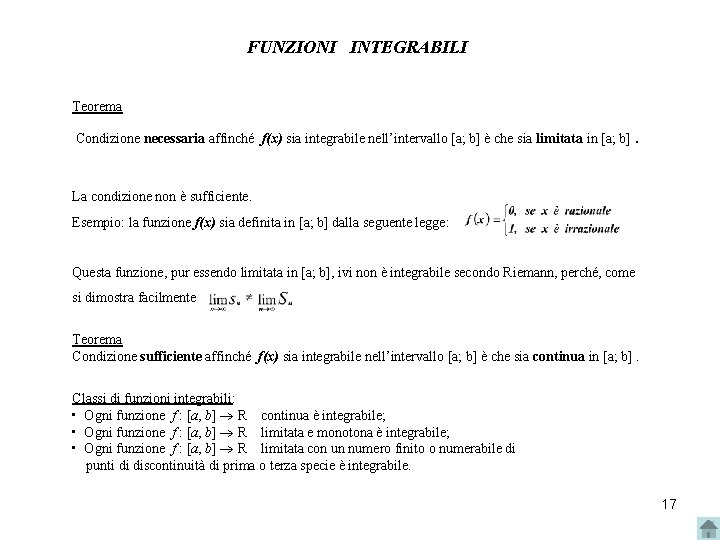 FUNZIONI INTEGRABILI Teorema Condizione necessaria affinché f(x) sia integrabile nell’intervallo [a; b] è che
