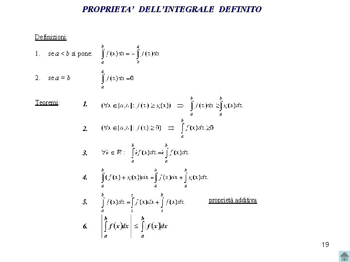 PROPRIETA’ DELL’INTEGRALE DEFINITO Definizioni: 1. se a < b si pone: 2. se a PROPRIETA’ DELL’INTEGRALE DEFINITO Definizioni: 1. se a < b si pone: 2. se a