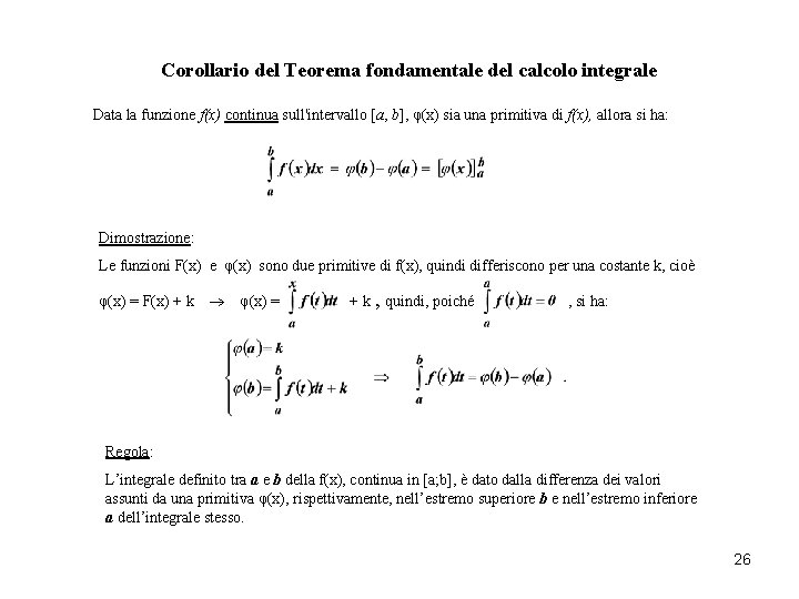 Corollario del Teorema fondamentale del calcolo integrale Data la funzione f(x) continua sull'intervallo [a, Corollario del Teorema fondamentale del calcolo integrale Data la funzione f(x) continua sull'intervallo [a,