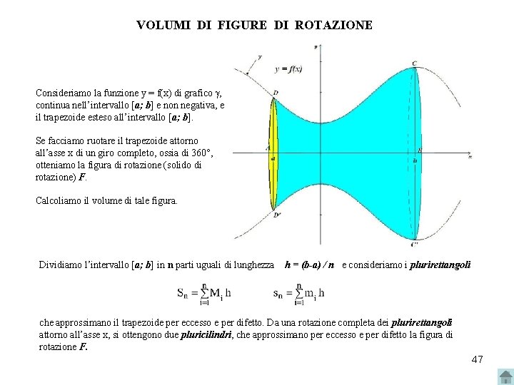 VOLUMI DI FIGURE DI ROTAZIONE Consideriamo la funzione y = f(x) di grafico , VOLUMI DI FIGURE DI ROTAZIONE Consideriamo la funzione y = f(x) di grafico ,