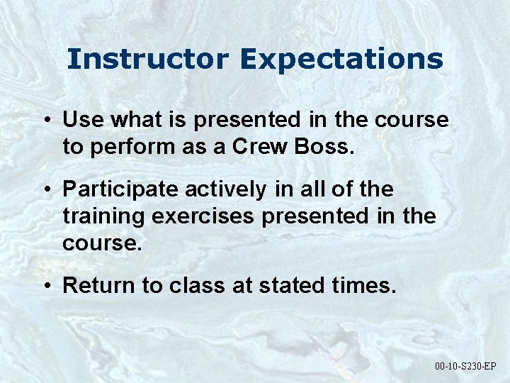 Instructor Expectations • Use what is presented in the course to perform as a