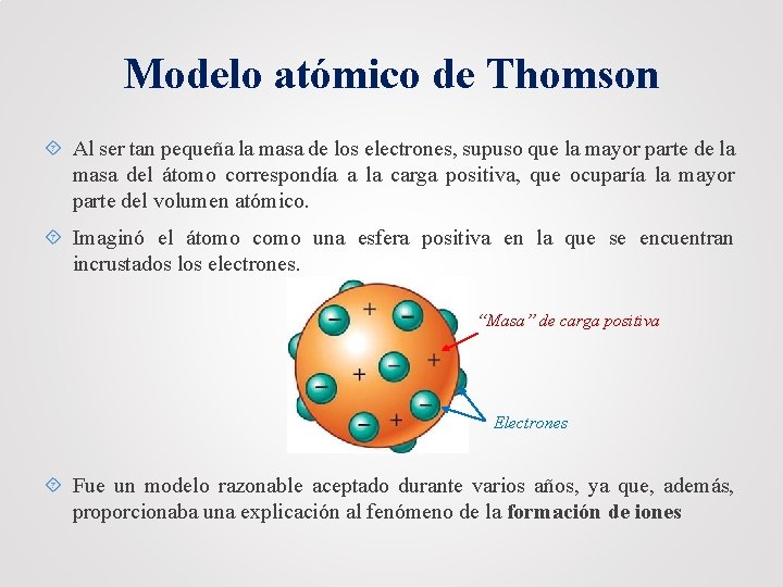 Modelo atómico de Thomson Al ser tan pequeña la masa de los electrones, supuso