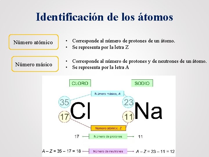 Identificación de los átomos Número atómico Número másico • Corresponde al número de protones