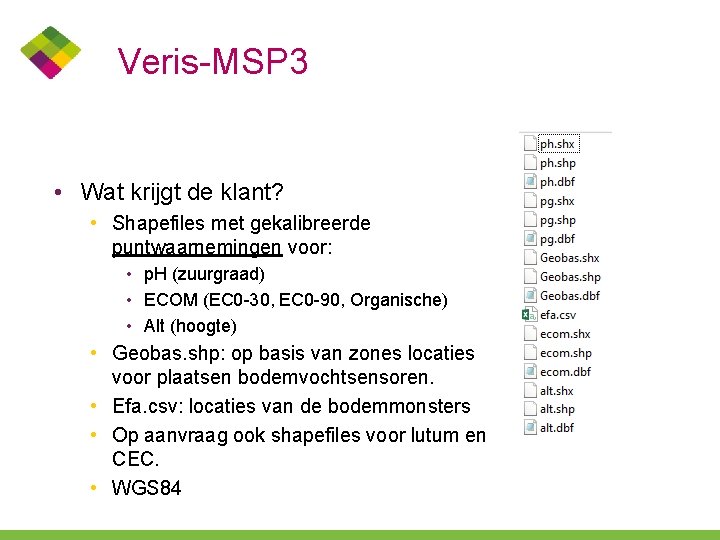 Veris-MSP 3 • Wat krijgt de klant? • Shapefiles met gekalibreerde puntwaarnemingen voor: •