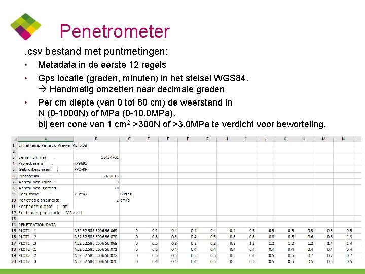 Penetrometer. csv bestand met puntmetingen: • • • Metadata in de eerste 12 regels