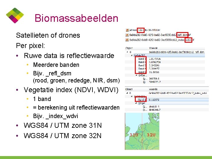 Biomassabeelden Satellieten of drones Per pixel: • Ruwe data is reflectiewaarde • Meerdere banden