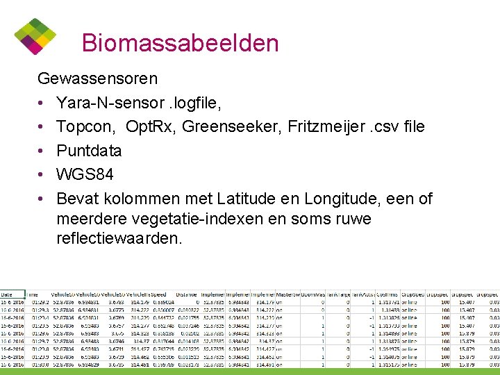 Biomassabeelden Gewassensoren • Yara-N-sensor. logfile, • Topcon, Opt. Rx, Greenseeker, Fritzmeijer. csv file •