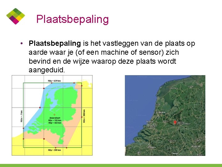 Plaatsbepaling • Plaatsbepaling is het vastleggen van de plaats op aarde waar je (of
