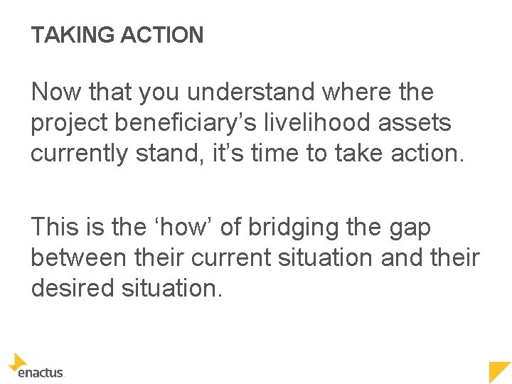 TAKING ACTION Now that you understand where the project beneficiary’s livelihood assets currently stand,