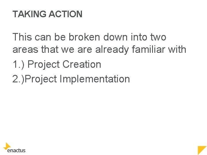 TAKING ACTION This can be broken down into two areas that we are already