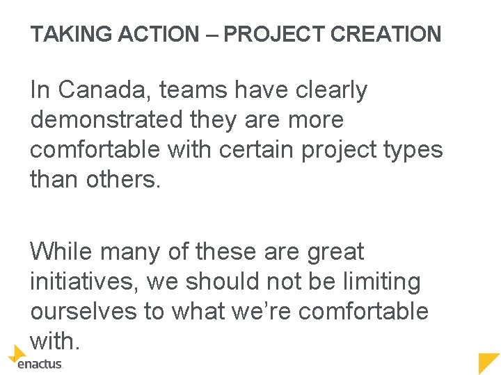 TAKING ACTION – PROJECT CREATION In Canada, teams have clearly demonstrated they are more