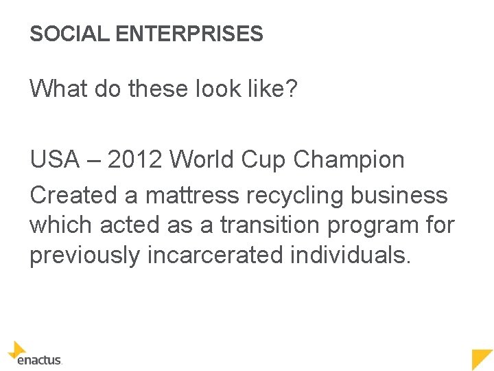 SOCIAL ENTERPRISES What do these look like? USA – 2012 World Cup Champion Created