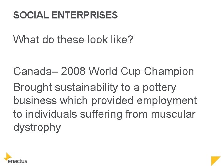 SOCIAL ENTERPRISES What do these look like? Canada– 2008 World Cup Champion Brought sustainability