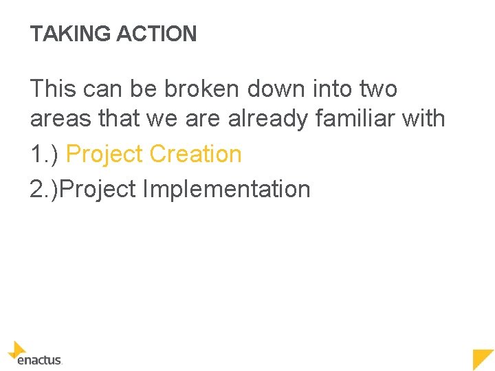 TAKING ACTION This can be broken down into two areas that we are already
