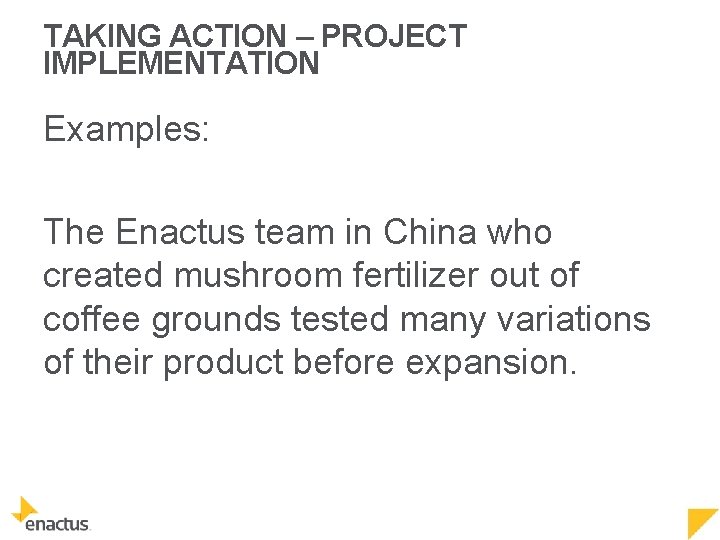 TAKING ACTION – PROJECT IMPLEMENTATION Examples: The Enactus team in China who created mushroom