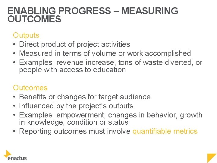 ENABLING PROGRESS – MEASURING OUTCOMES Outputs • Direct product of project activities • Measured