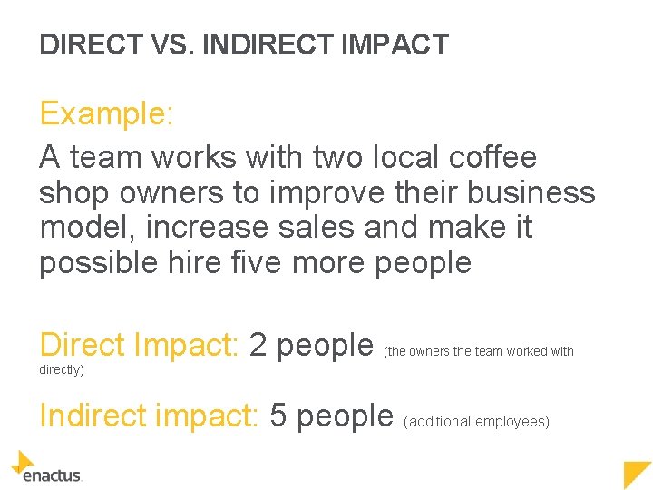 DIRECT VS. INDIRECT IMPACT Example: A team works with two local coffee shop owners