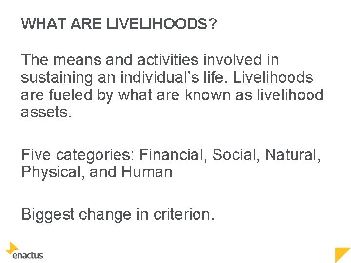 WHAT ARE LIVELIHOODS? The means and activities involved in sustaining an individual’s life. Livelihoods