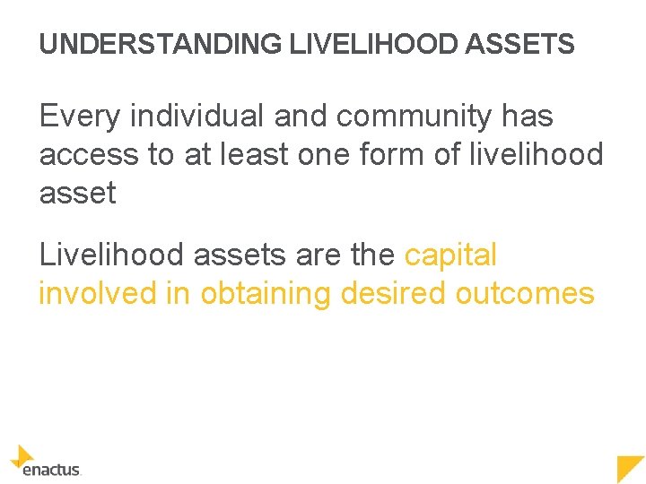 UNDERSTANDING LIVELIHOOD ASSETS Every individual and community has access to at least one form