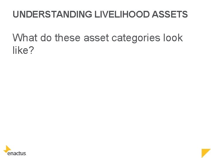 UNDERSTANDING LIVELIHOOD ASSETS What do these asset categories look like? 