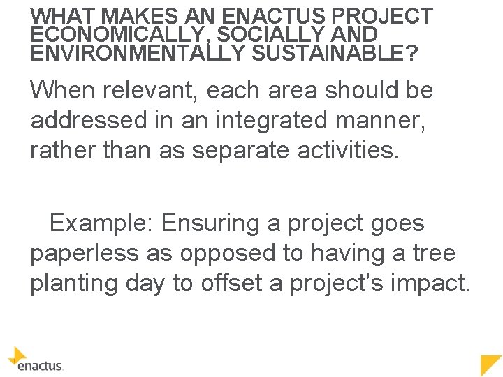 WHAT MAKES AN ENACTUS PROJECT ECONOMICALLY, SOCIALLY AND ENVIRONMENTALLY SUSTAINABLE? When relevant, each area