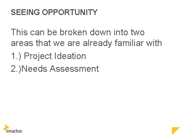 SEEING OPPORTUNITY This can be broken down into two areas that we are already