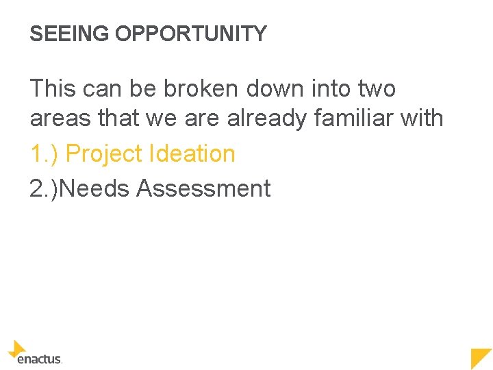 SEEING OPPORTUNITY This can be broken down into two areas that we are already