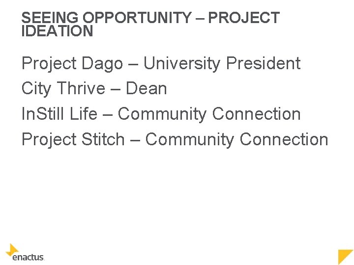 SEEING OPPORTUNITY – PROJECT IDEATION Project Dago – University President City Thrive – Dean