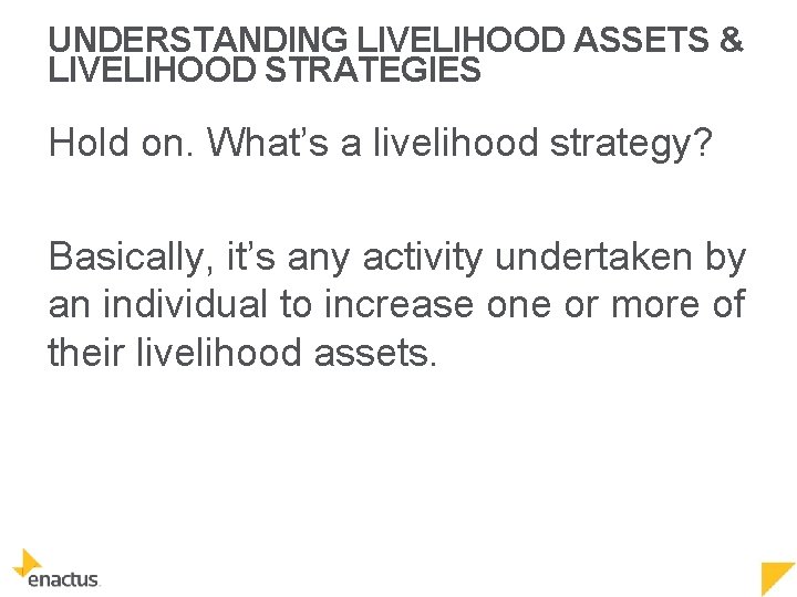 UNDERSTANDING LIVELIHOOD ASSETS & LIVELIHOOD STRATEGIES Hold on. What’s a livelihood strategy? Basically, it’s